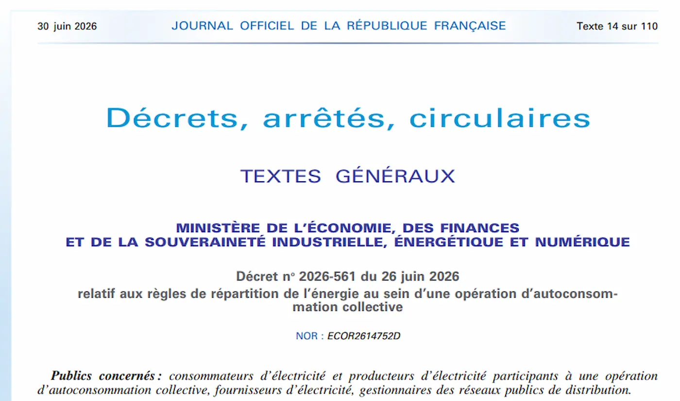 Décret n°2026-561 : répartition de l'énergie en autoconsommation collective