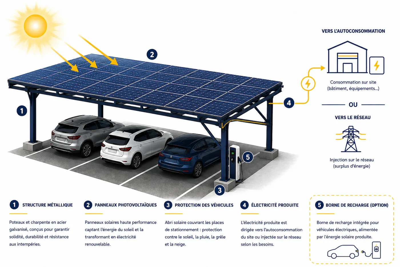 Schéma de fonctionnement d'une ombrière photovoltaïque de parking : structure métallique, panneaux photovoltaïques, protection des véhicules, électricité produite vers autoconsommation ou réseau, borne de recharge en option