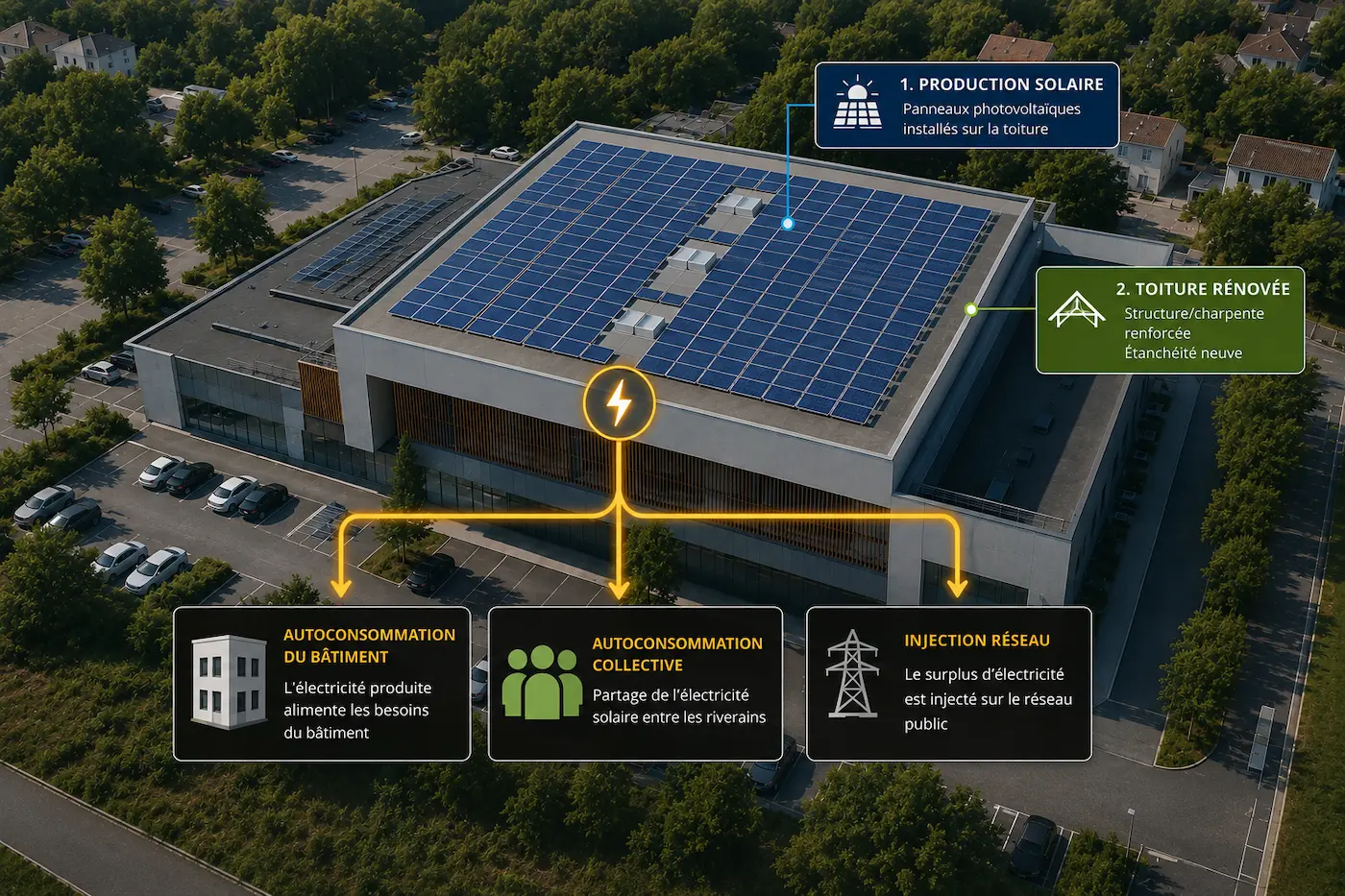 Schéma de fonctionnement d'une toiture photovoltaïque : panneaux photovoltaïques installés sur la toiture, toiture rénovée avec structure renforcée et étanchéité neuve, électricité produite vers autoconsommation du bâtiment, autoconsommation collective ou injection sur le réseau
