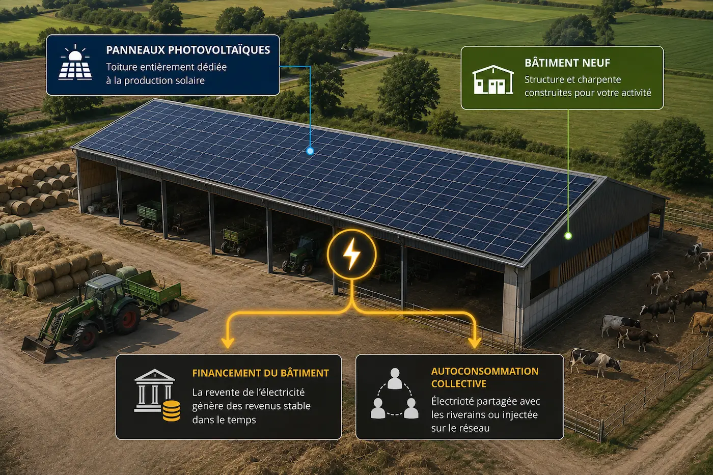 Schéma de fonctionnement d'un hangar photovoltaïque agricole : panneaux photovoltaïques en toiture, bâtiment neuf construit pour l'activité agricole, financement du bâtiment via la revente d'électricité, autoconsommation collective ou injection sur le réseau