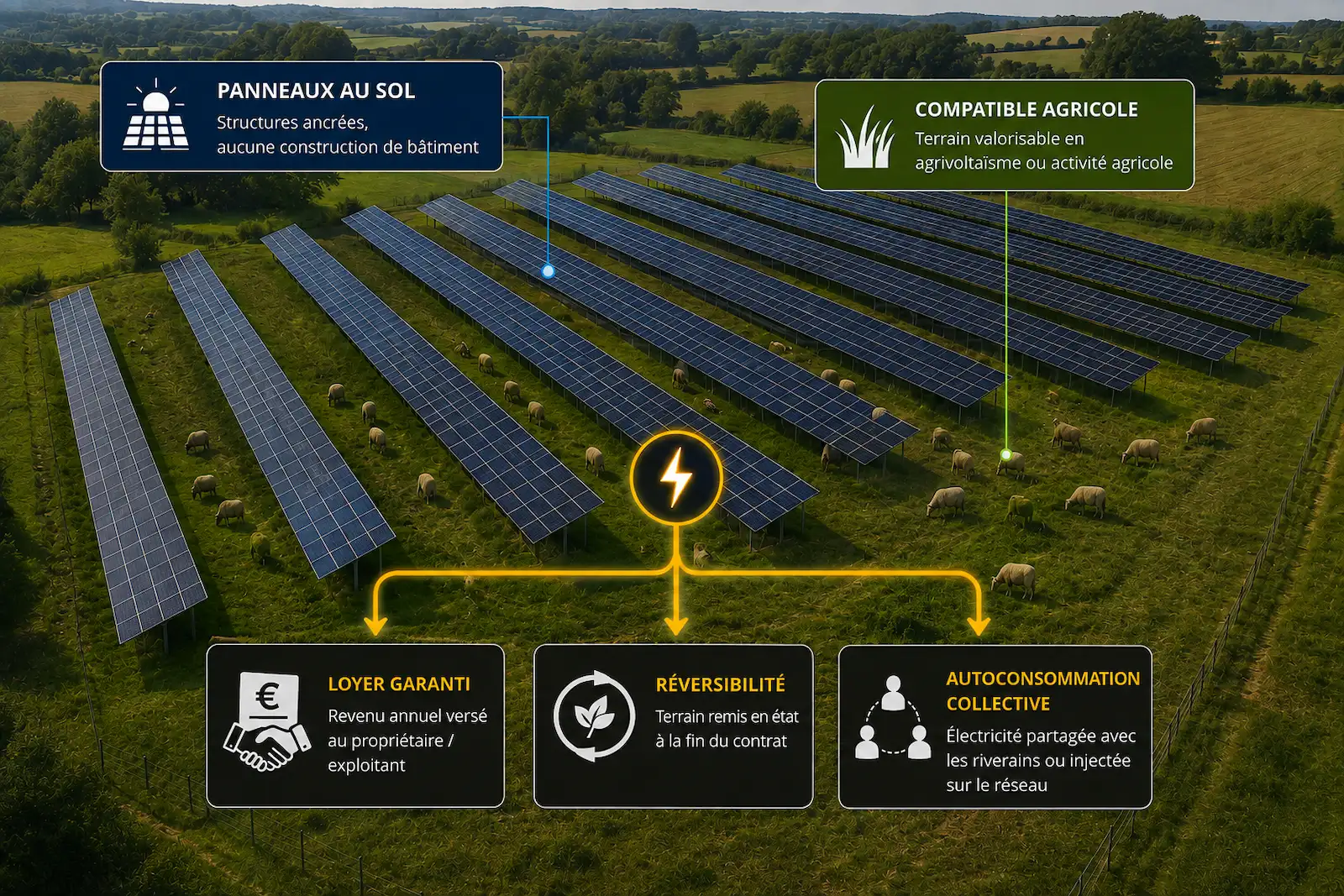 Schéma de fonctionnement d'une centrale photovoltaïque au sol : panneaux sur structures ancrées sans construction de bâtiment, terrain compatible avec une activité agricole, revenus sous forme de loyer garanti, réversibilité du terrain en fin de contrat et autoconsommation collective