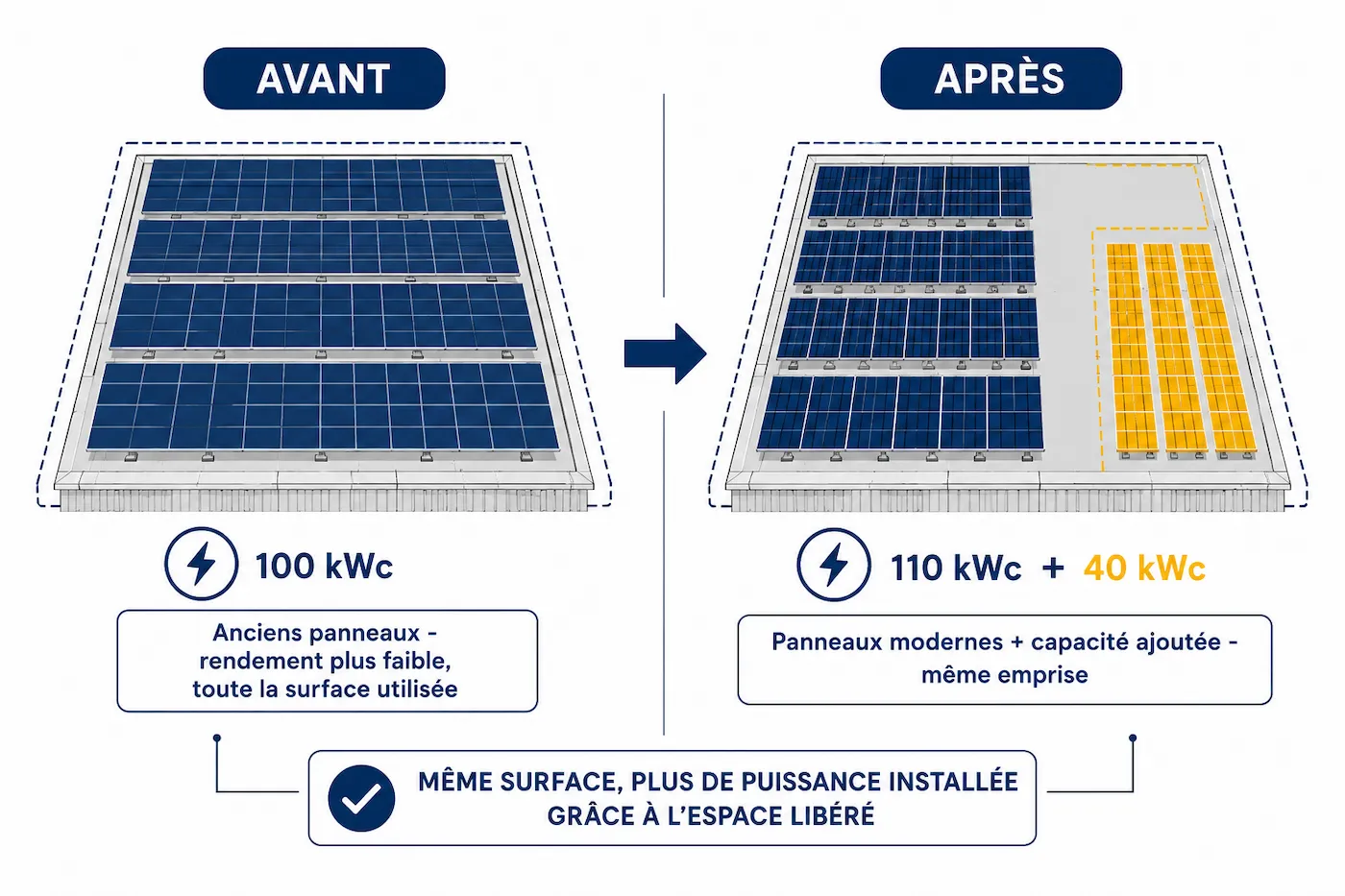 Schéma avant/après repowering : même surface de toiture ou de terrain, anciens panneaux remplacés par des modules modernes plus performants, espace libéré accueillant une capacité supplémentaire